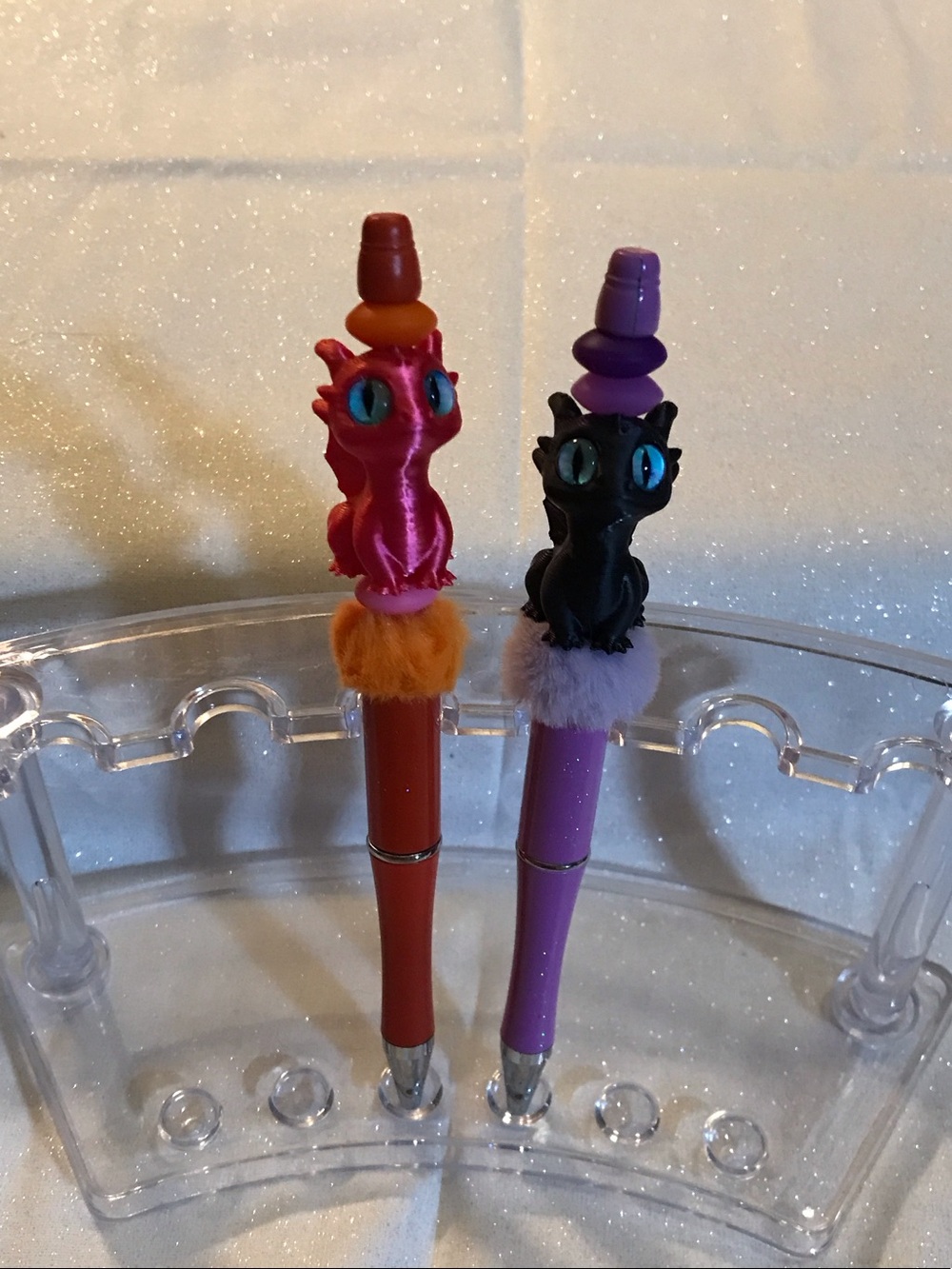 2 Hand Crafted Dragon Pens 🖊️ - Orange Sparkle and Light Purple